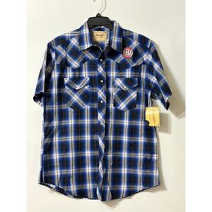 Wrangler Men Western Shirt Blue Plaid Short Sleeve Pearl Snap Easy Care LargeNWT